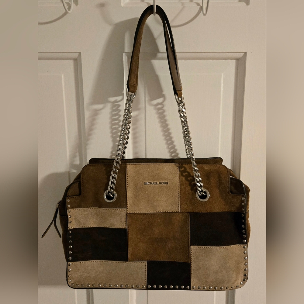 Michael Kors Suede Leather Brown & Tan Chain Shoulder Bag W/ Rivet Studs NWOT